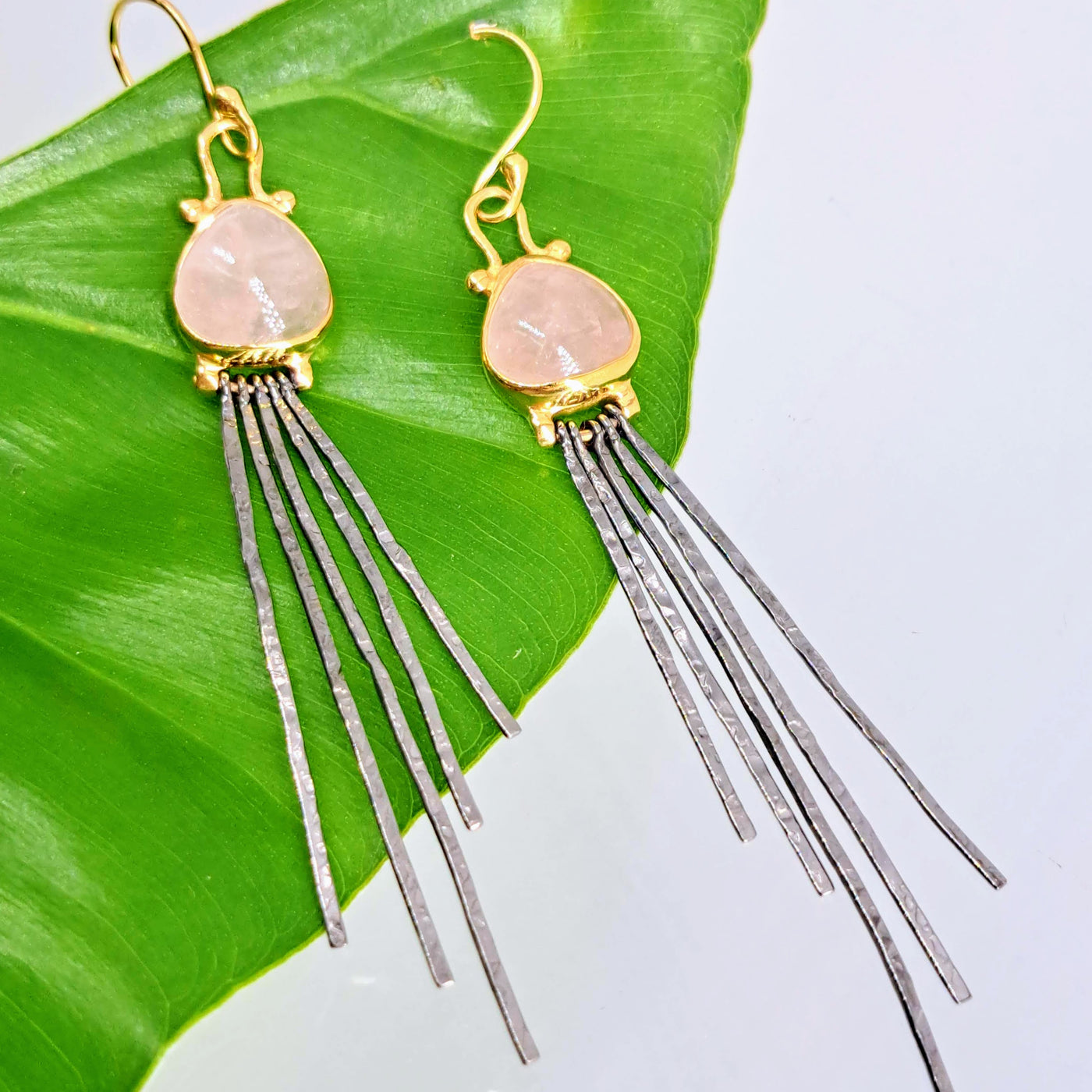 "Pink Sticklers" 3" Earrings - Rose Quartz, Black & 18K Sterling