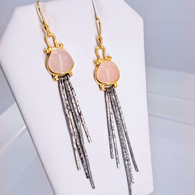 "Pink Sticklers" 3" Earrings - Rose Quartz, Black & 18K Sterling