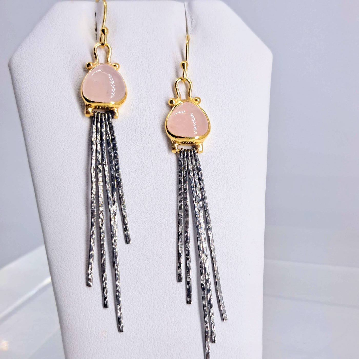 "Pink Sticklers" 3" Earrings - Rose Quartz, Black & 18K Sterling