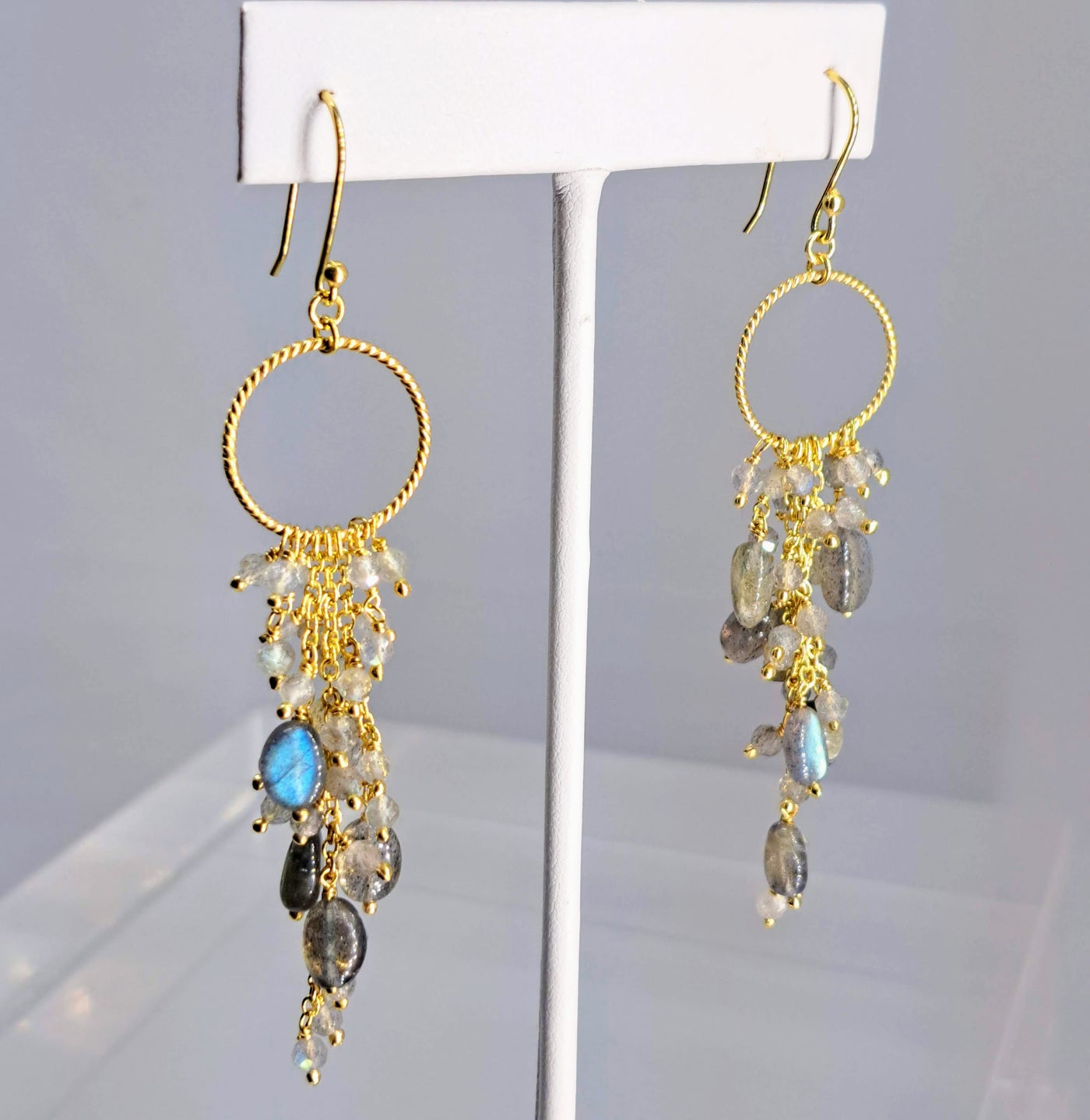 "Hoops & Waterfalls" 3.25" Earrings - Labradorite, 18K Gold Sterling