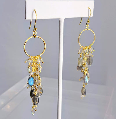 "Hoops & Waterfalls" 3.25" Earrings - Labradorite, 18K Gold Sterling