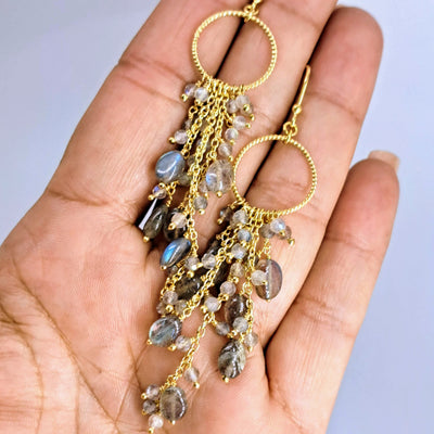 "Hoops & Waterfalls" 3.25" Earrings - Labradorite, 18K Gold Sterling