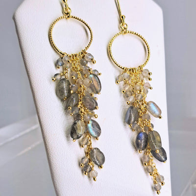 "Hoops & Waterfalls" 3.25" Earrings - Labradorite, 18K Gold Sterling