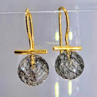 "Gem Bobs" - 1" Earrings - Labradorite, Rutilated or Tourmalinated Quartz, Anti-tarnish Sterling (Silver or Gold)