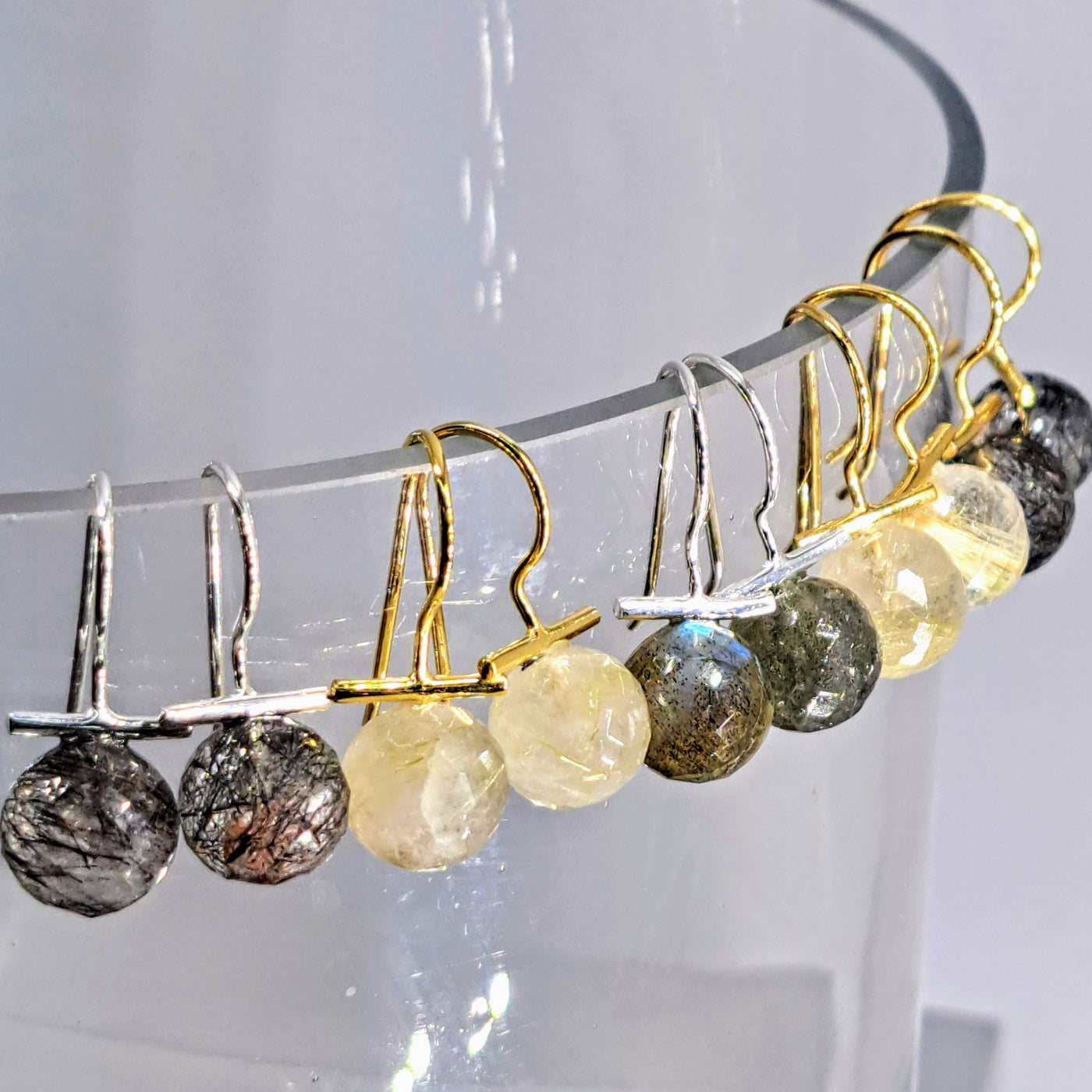 "Gem Bobs" - 1" Earrings - Labradorite, Rutilated or Tourmalinated Quartz, Anti-tarnish Sterling (Silver or Gold)