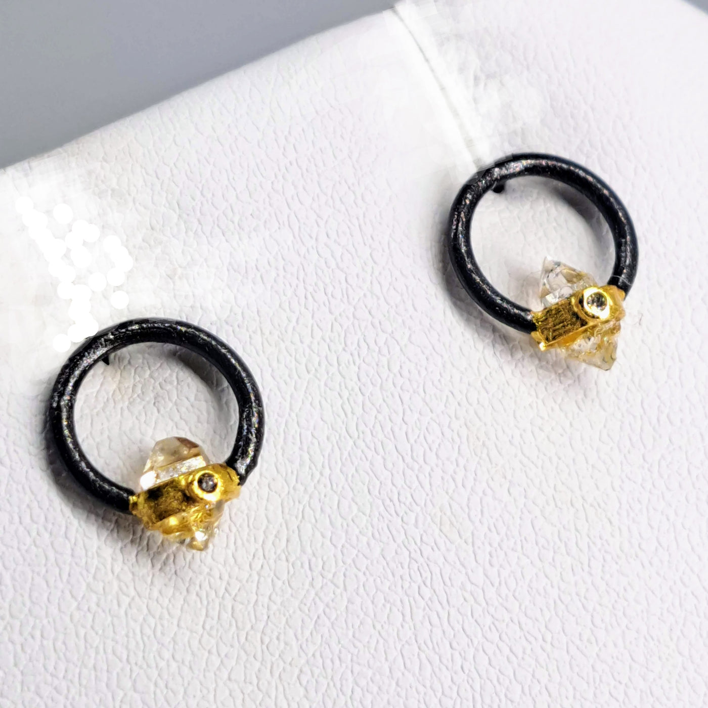 "Diamond Dots" .5" Stud Earrings - Herkimer Diamonds, Diamonds, Black & 18k Gold Sterling