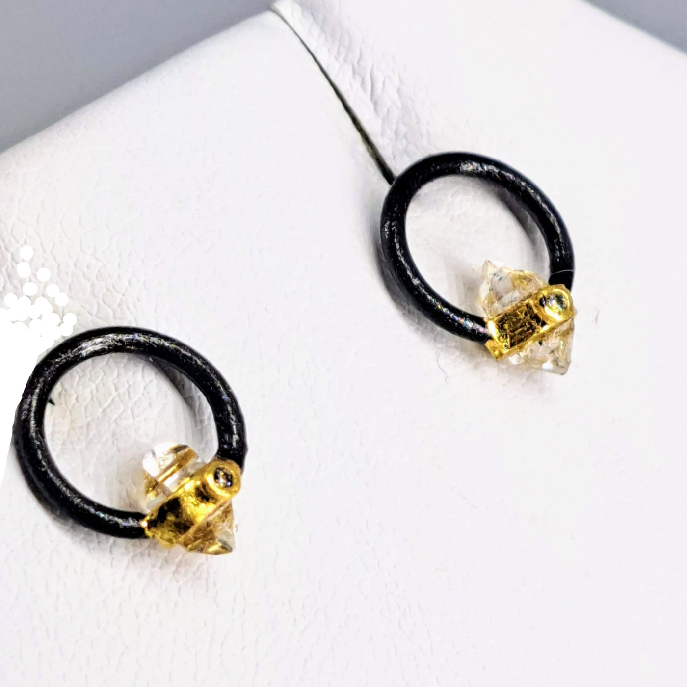 "Diamond Dots" .5" Stud Earrings - Herkimer Diamonds, Diamonds, Black & 18k Gold Sterling