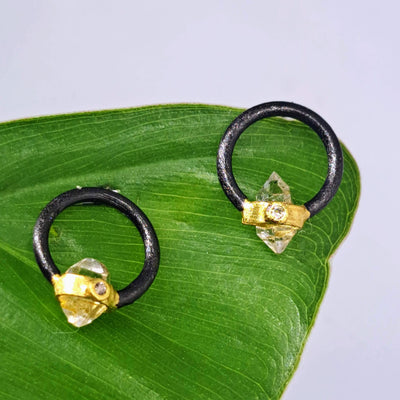 "Diamond Dots" .5" Stud Earrings - Herkimer Diamonds, Diamonds, Black & 18k Gold Sterling