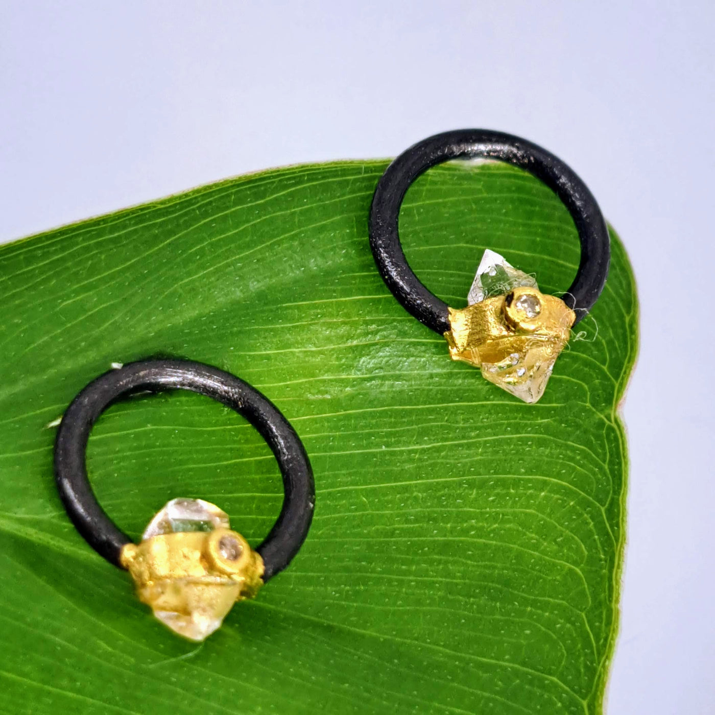 "Diamond Dots" .5" Stud Earrings - Herkimer Diamonds, Diamonds, Black & 18k Gold Sterling