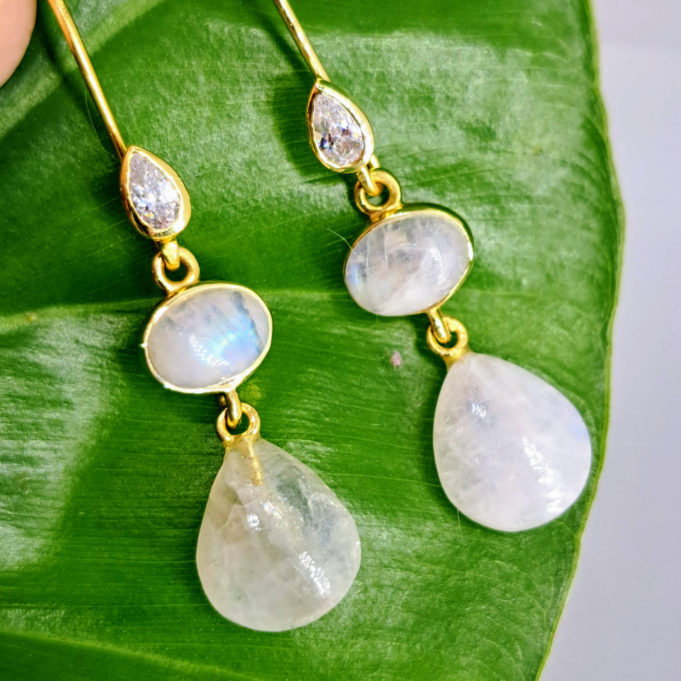 "Moon Drops" 1.75" Earrings - Moonstone, Crystal, 18K Gold Sterling