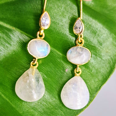 "Moon Drops" 1.75" Earrings - Moonstone, Crystal, 18K Gold Sterling