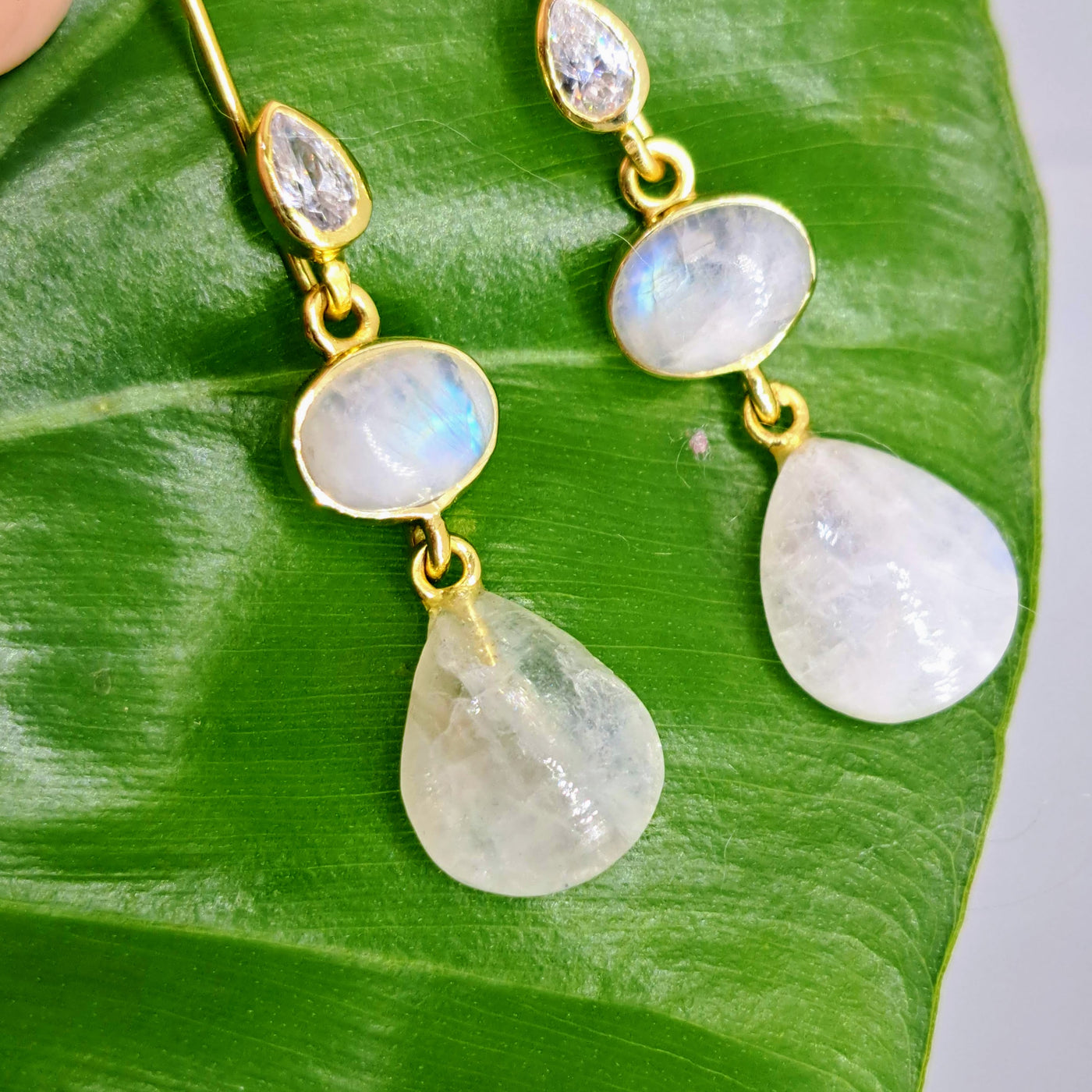 "Moon Drops" 1.75" Earrings - Moonstone, Crystal, 18K Gold Sterling