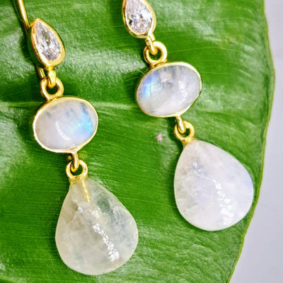 "Moon Drops" 1.75" Earrings - Moonstone, Crystal, 18K Gold Sterling