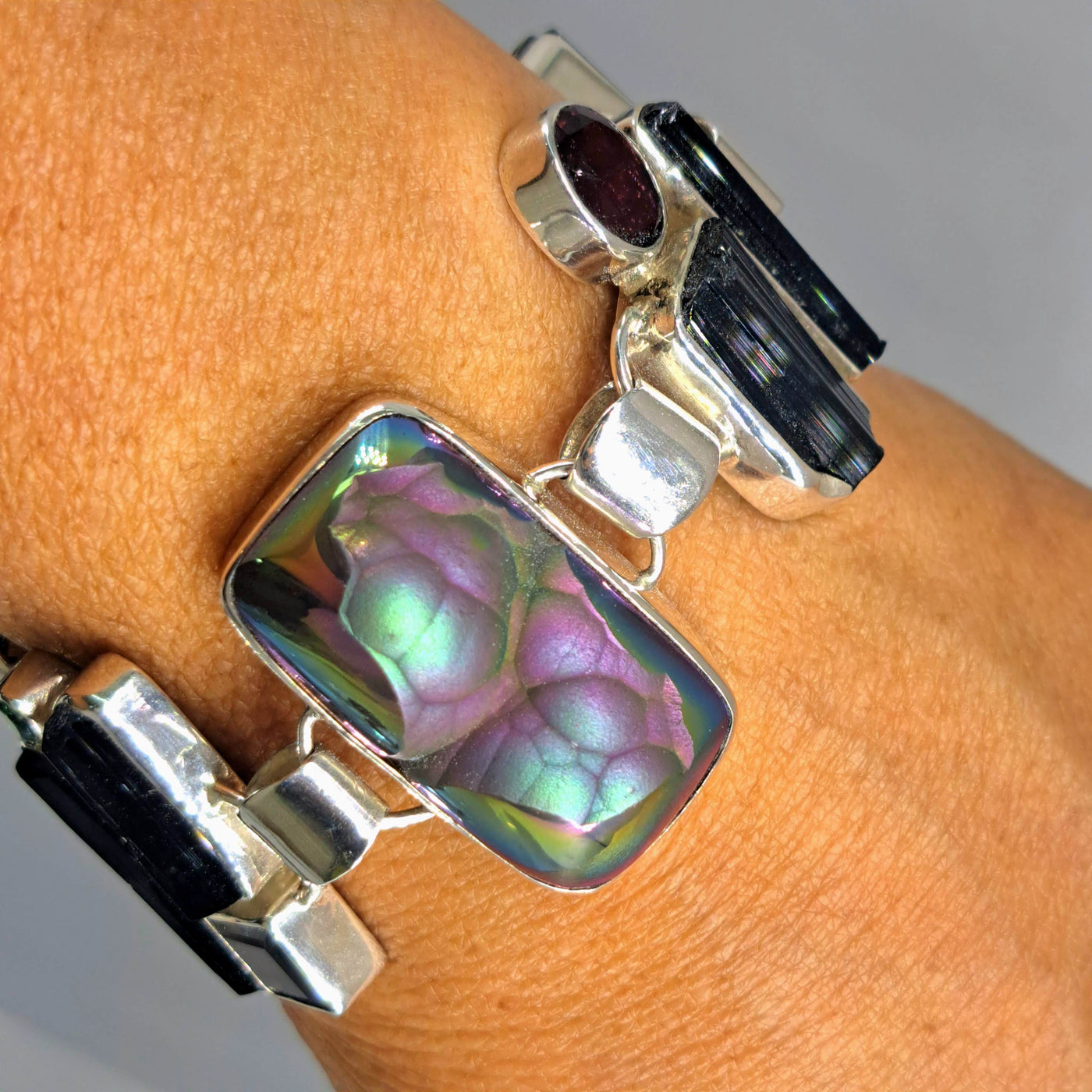 "Black Dahlia" 6.5" - 8" Bracelet - Rare Tourmalines, Orbicular Titanium Druzy, Sterling