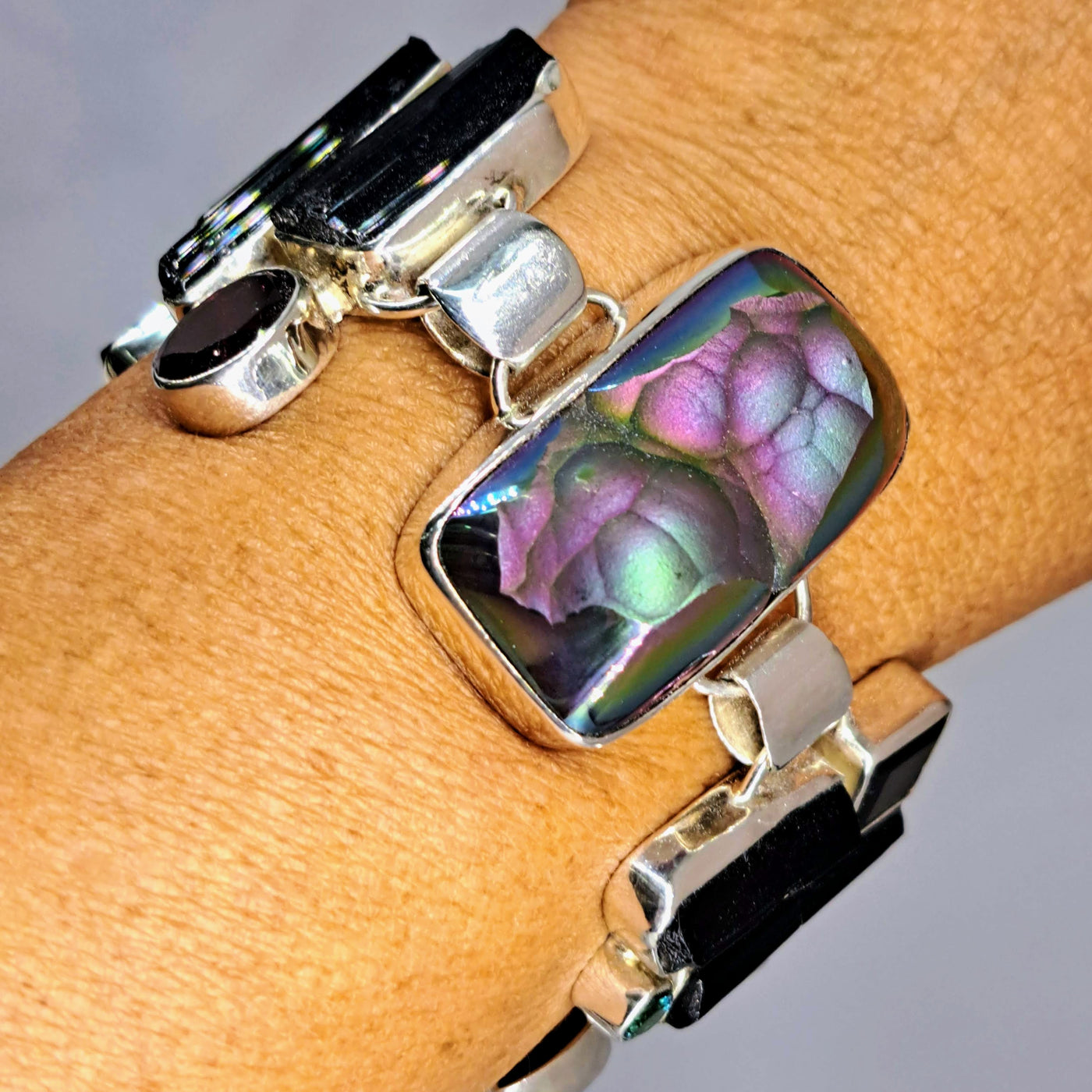 "Black Dahlia" 6.5" - 8" Bracelet - Rare Tourmalines, Orbicular Titanium Druzy, Sterling