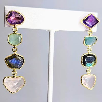 "Sweet Rock Candy" 2" Earrings - Amethyst, Fluorite, Labradorite, Rose Quartz, 18k Gold Sterling