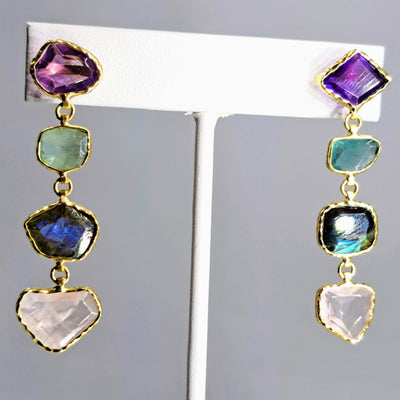 "Sweet Rock Candy" 2" Earrings - Amethyst, Fluorite, Labradorite, Rose Quartz, 18k Gold Sterling