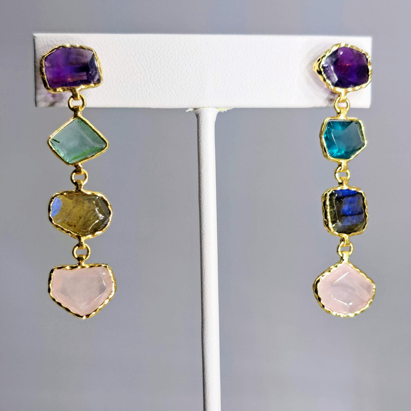 "Sweet Rock Candy" 2" Earrings - Amethyst, Fluorite, Labradorite, Rose Quartz, 18k Gold Sterling