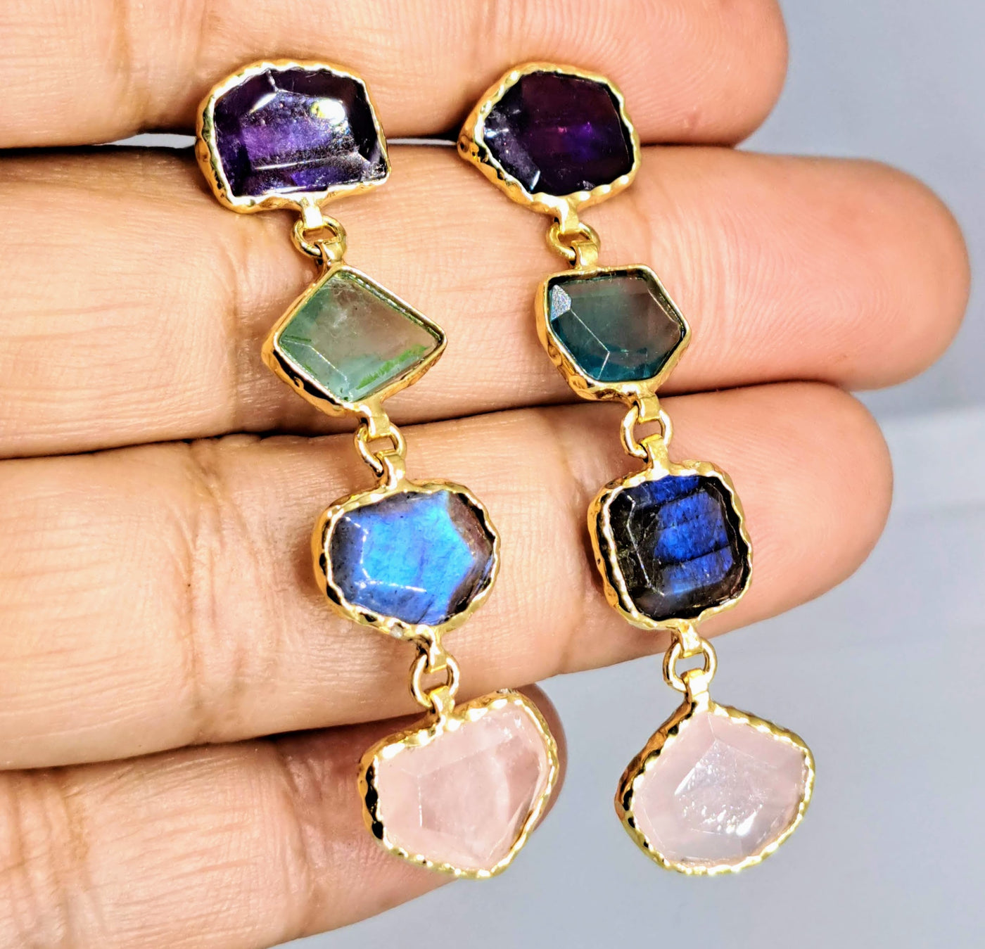 "Sweet Rock Candy" 2" Earrings - Amethyst, Fluorite, Labradorite, Rose Quartz, 18k Gold Sterling