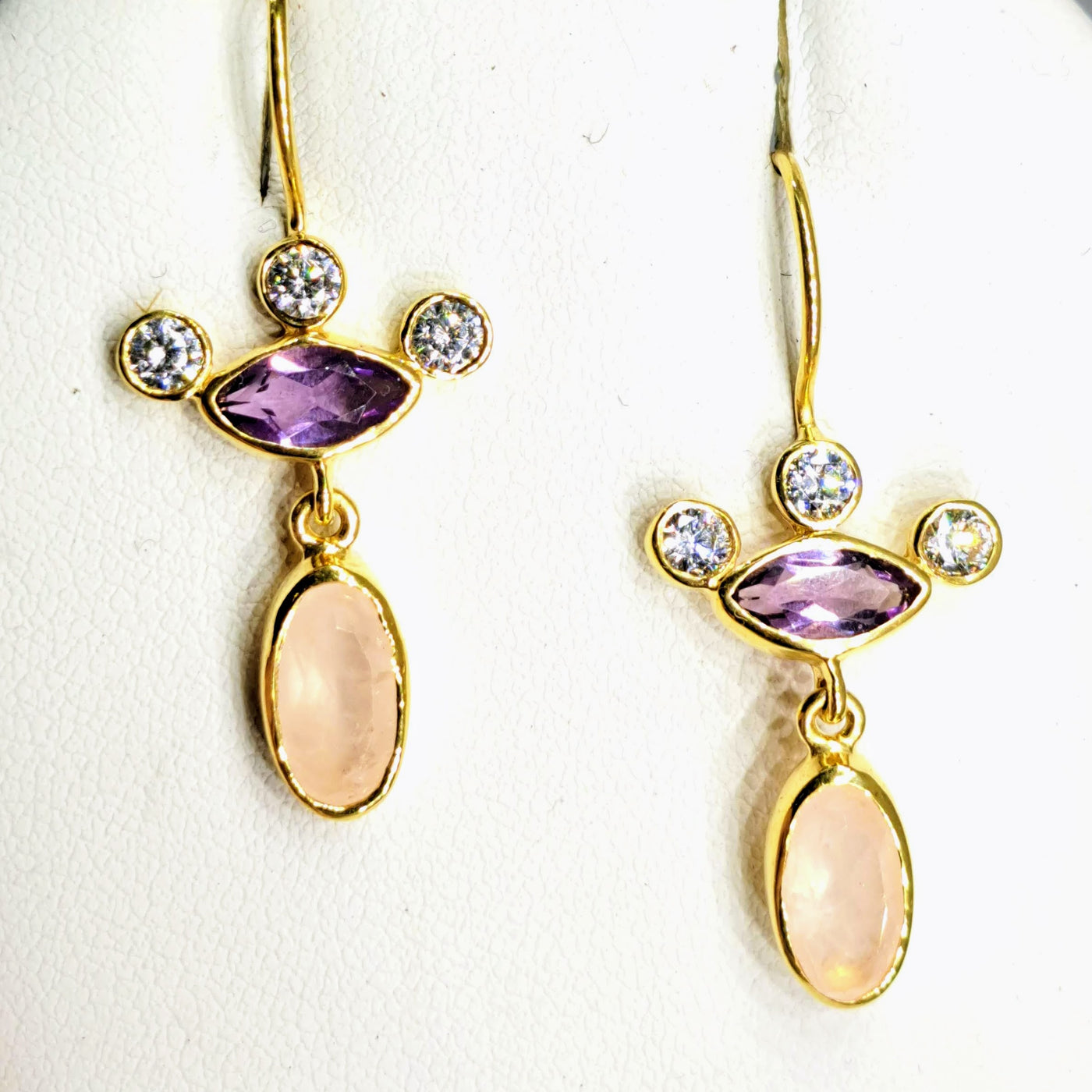 "Twinkles" 1.5" Earrings - Amethyst, Rose Quartz, Crystal, 18k Gold Sterling