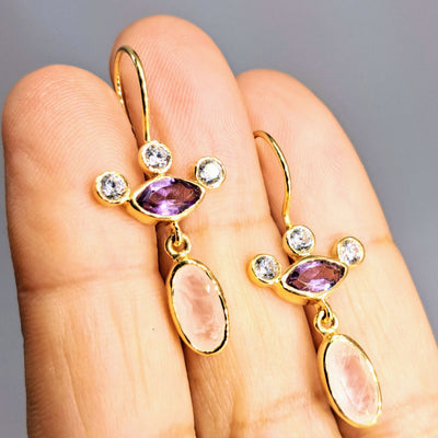 "Twinkles" 1.5" Earrings - Amethyst, Rose Quartz, Crystal, 18k Gold Sterling