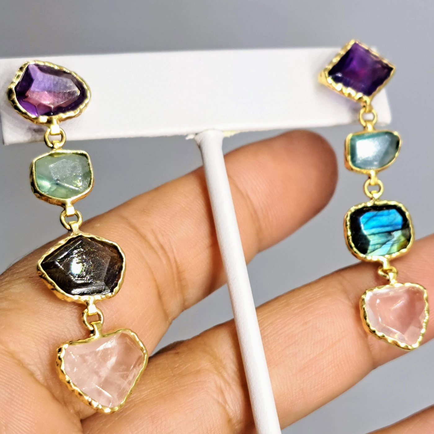 "Sweet Rock Candy" 2" Earrings - Amethyst, Fluorite, Labradorite, Rose Quartz, 18k Gold Sterling