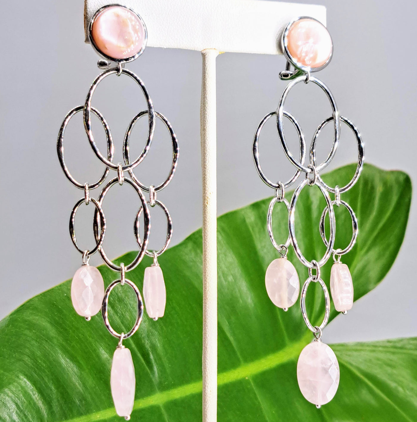 "Pink Martinis" 4" Earrings - Mother Of Pearl, Rose Quartz, Anti-tarnish Sterling