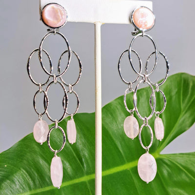 "Pink Martinis" 4" Earrings - Mother Of Pearl, Rose Quartz, Anti-tarnish Sterling