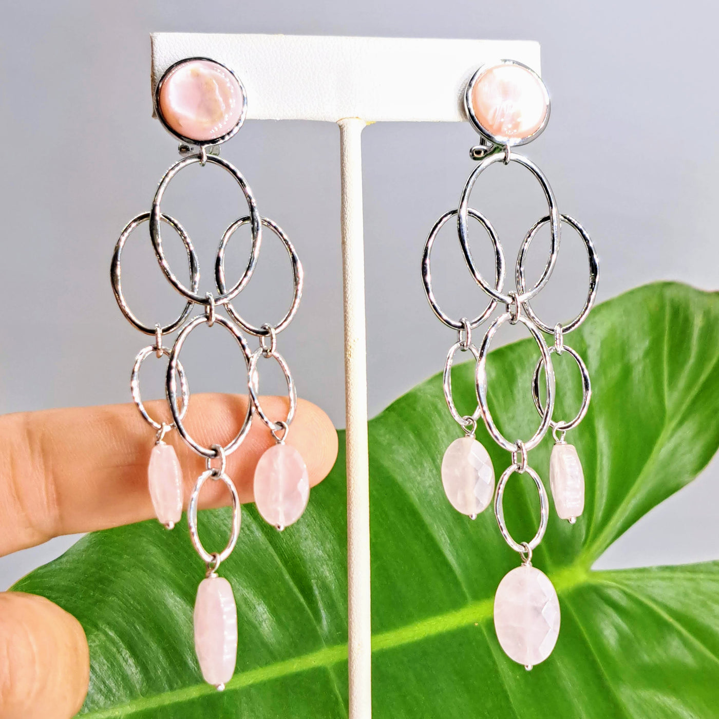 "Pink Martinis" 4" Earrings - Mother Of Pearl, Rose Quartz, Anti-tarnish Sterling