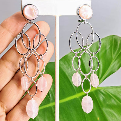 "Pink Martinis" 4" Earrings - Mother Of Pearl, Rose Quartz, Anti-tarnish Sterling