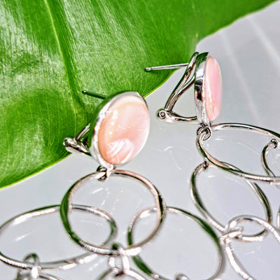 "Pink Martinis" 4" Earrings - Mother Of Pearl, Rose Quartz, Anti-tarnish Sterling