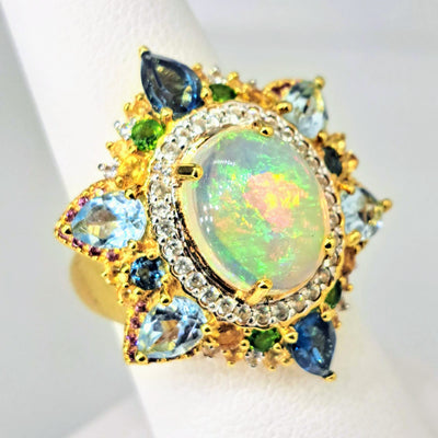 "Royal Caribbean" Sz 7 Ring - Opal, Topaz, Citrine, Diopside, Zircon, Tourmaline, 18K Gold Sterling