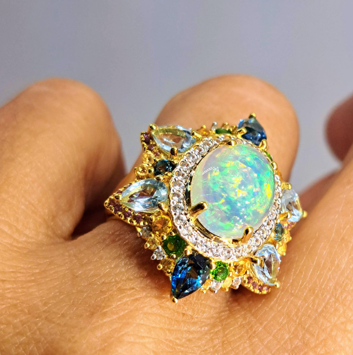 "Royal Caribbean" Sz 7 Ring - Opal, Topaz, Citrine, Diopside, Zircon, Tourmaline, 18K Gold Sterling