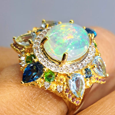 "Royal Caribbean" Sz 7 Ring - Opal, Topaz, Citrine, Diopside, Zircon, Tourmaline, 18K Gold Sterling