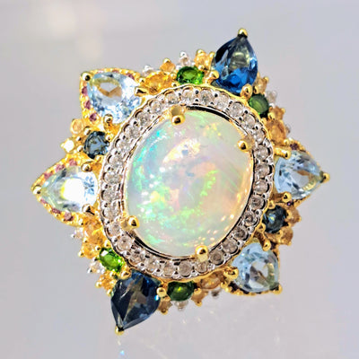 "Royal Caribbean" Sz 7 Ring - Opal, Topaz, Citrine, Diopside, Zircon, Tourmaline, 18K Gold Sterling