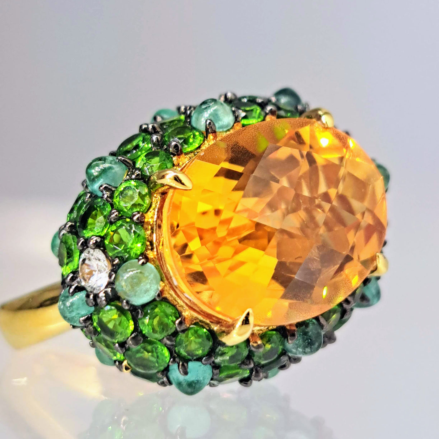 "Mango Summer" Sz 8 Ring - Madiera Citrine, Chrome Diopside, Emerald, Sapphire, 18K Gold Sterling