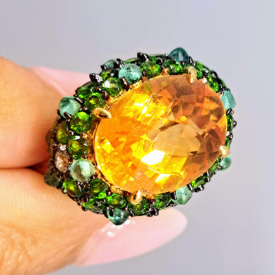 "Mango Summer" Sz 8 Ring - Madiera Citrine, Chrome Diopside, Emerald, Sapphire, 18K Gold Sterling