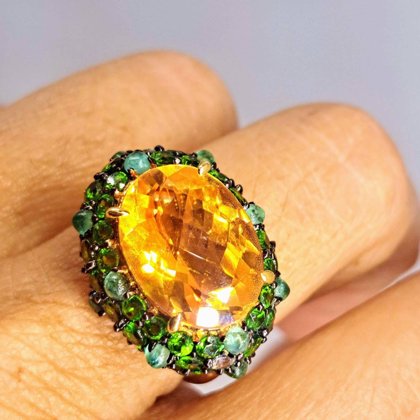 "Mango Summer" Sz 8 Ring - Madiera Citrine, Chrome Diopside, Emerald, Sapphire, 18K Gold Sterling