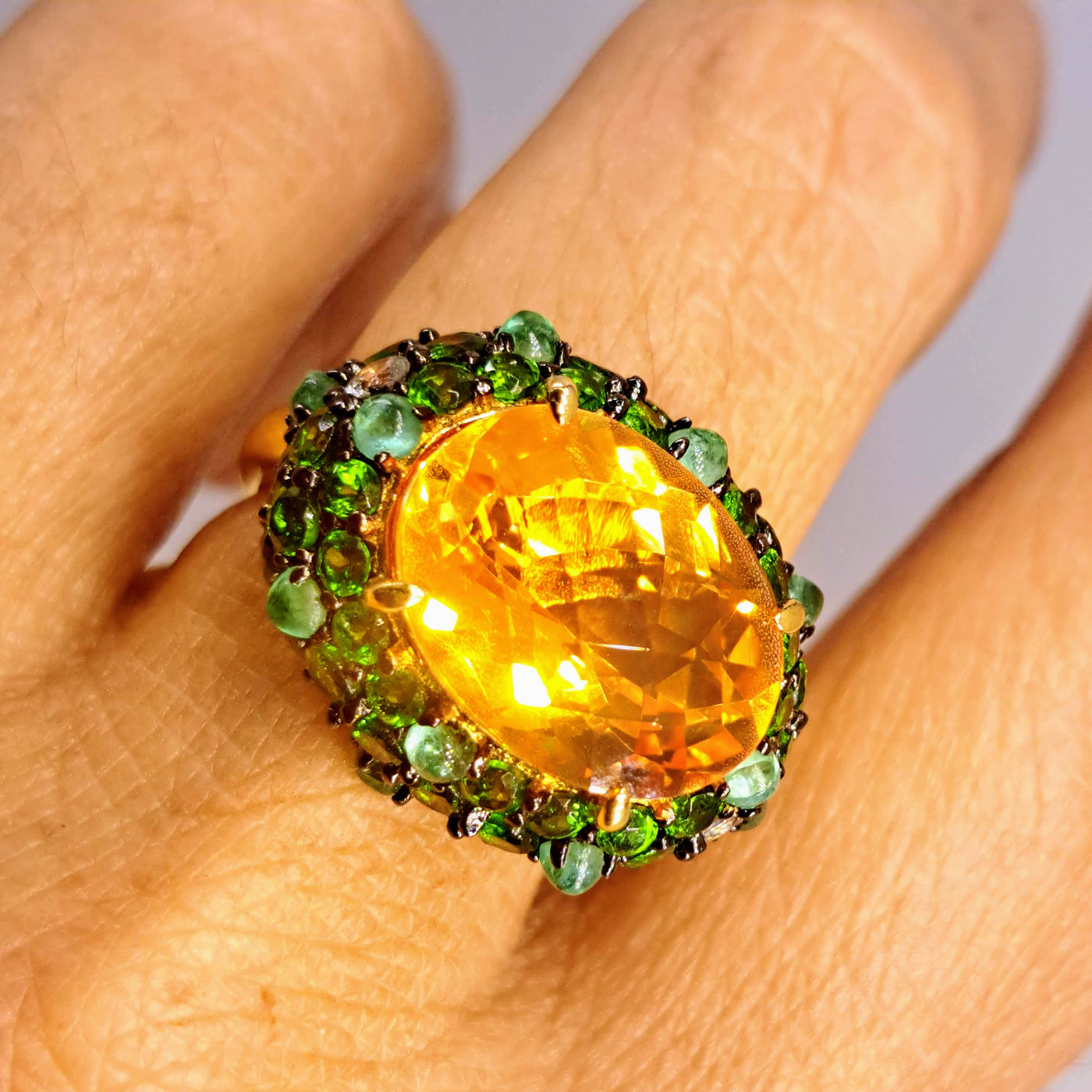 "Mango Summer" Sz 8 Ring - Madiera Citrine, Chrome Diopside, Emerald, Sapphire, 18K Gold Sterling