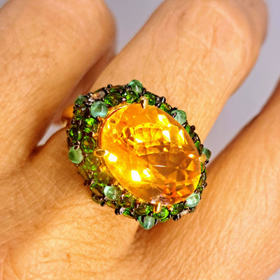 "Mango Summer" Sz 8 Ring - Madiera Citrine, Chrome Diopside, Emerald, Sapphire, 18K Gold Sterling