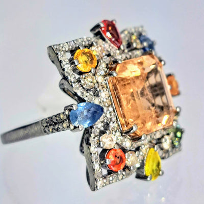 "Beautiful Reverie" Sz 7 Ring - Saphire, Diamonds, Oxidized Sterling