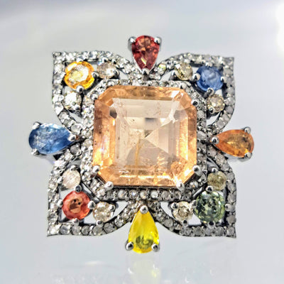 "Beautiful Reverie" Sz 7 Ring - Saphire, Diamonds, Oxidized Sterling