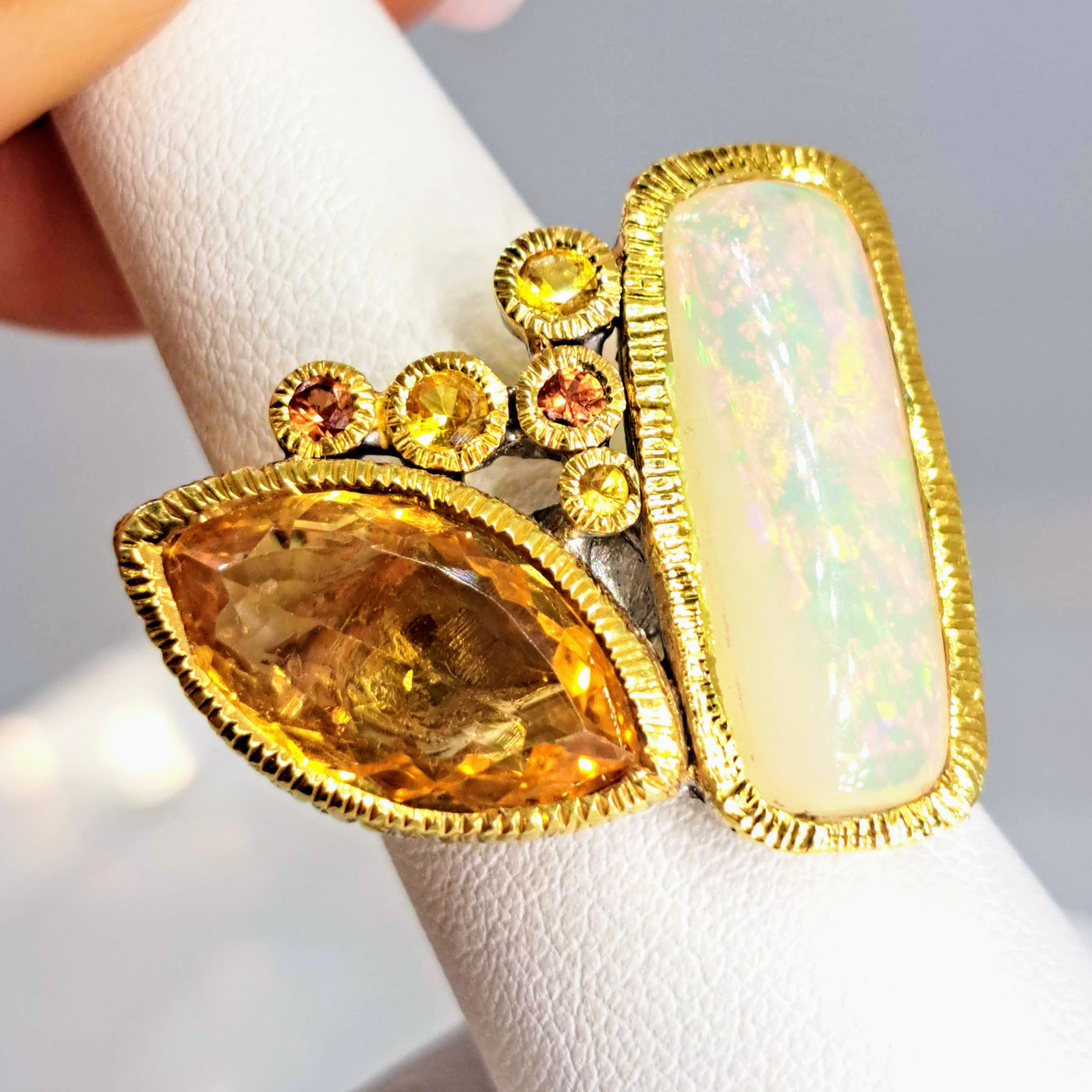 "Honey Dipper" Sz 9 Ring - Opal, Citrine, Sapphire, 18K Gold Sterling