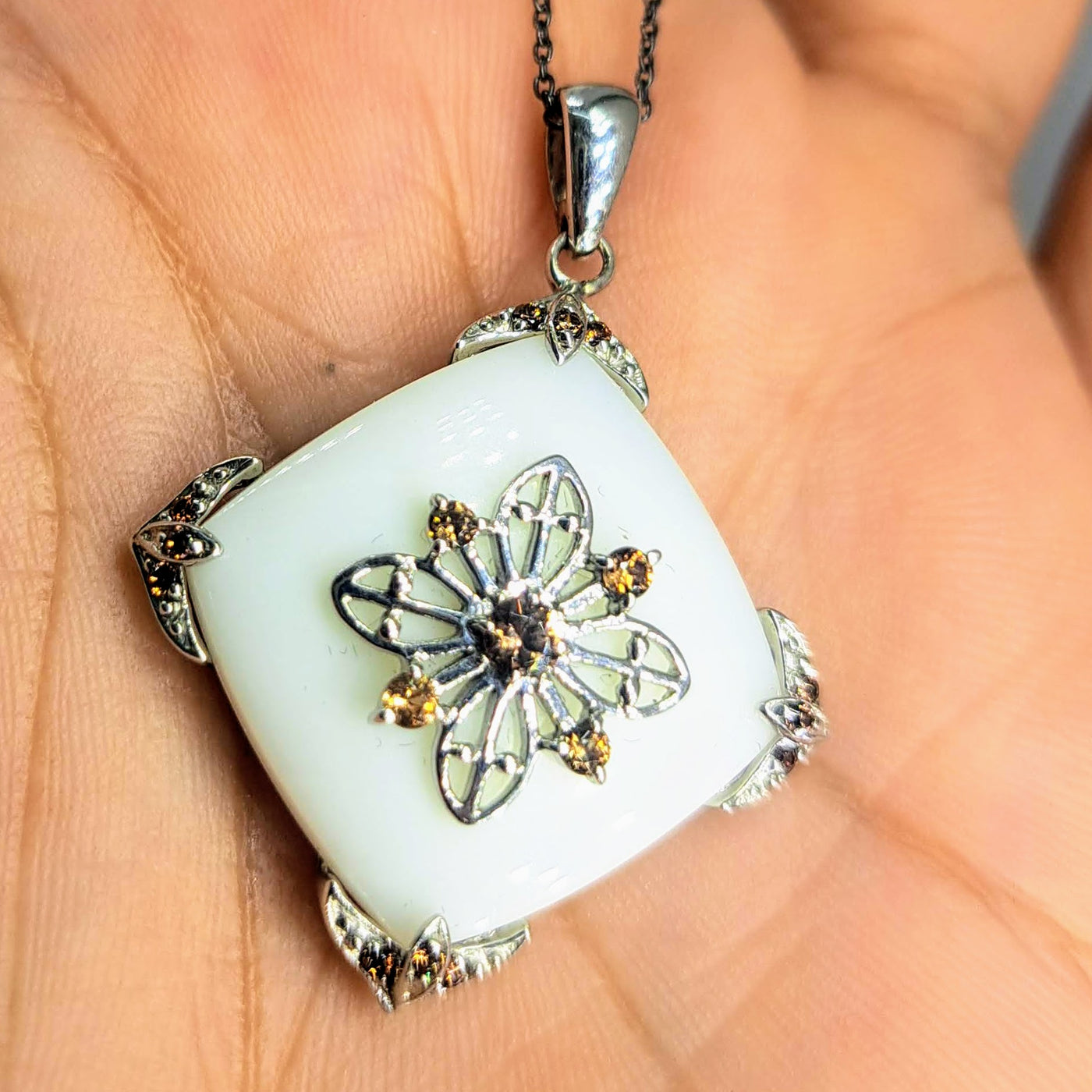 "Lilly White" Pendant Necklace - Alabaster, Topaz, Black & Anti-tarnish Sterling