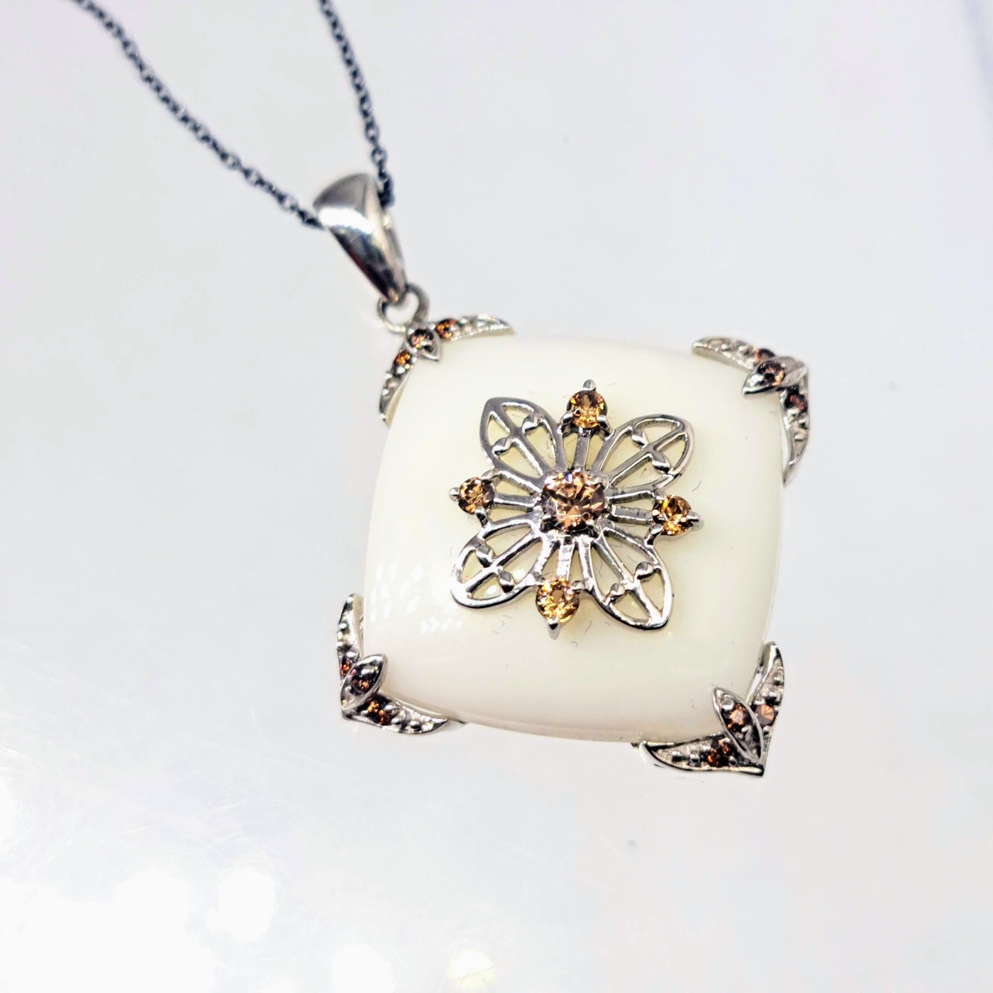 "Lilly White" Pendant Necklace - Alabaster, Topaz, Black & Anti-tarnish Sterling