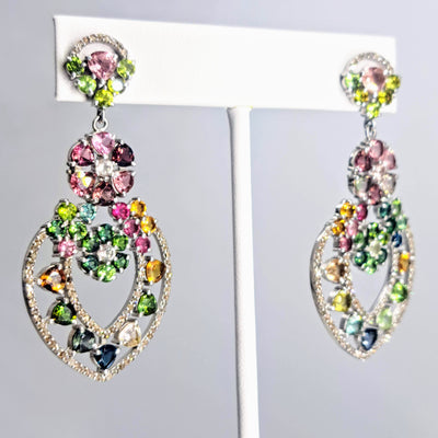 "Like A Rainbow" 2.25" Earrings - Tourmaline, Diamonds, Anti-tarnish Sterling