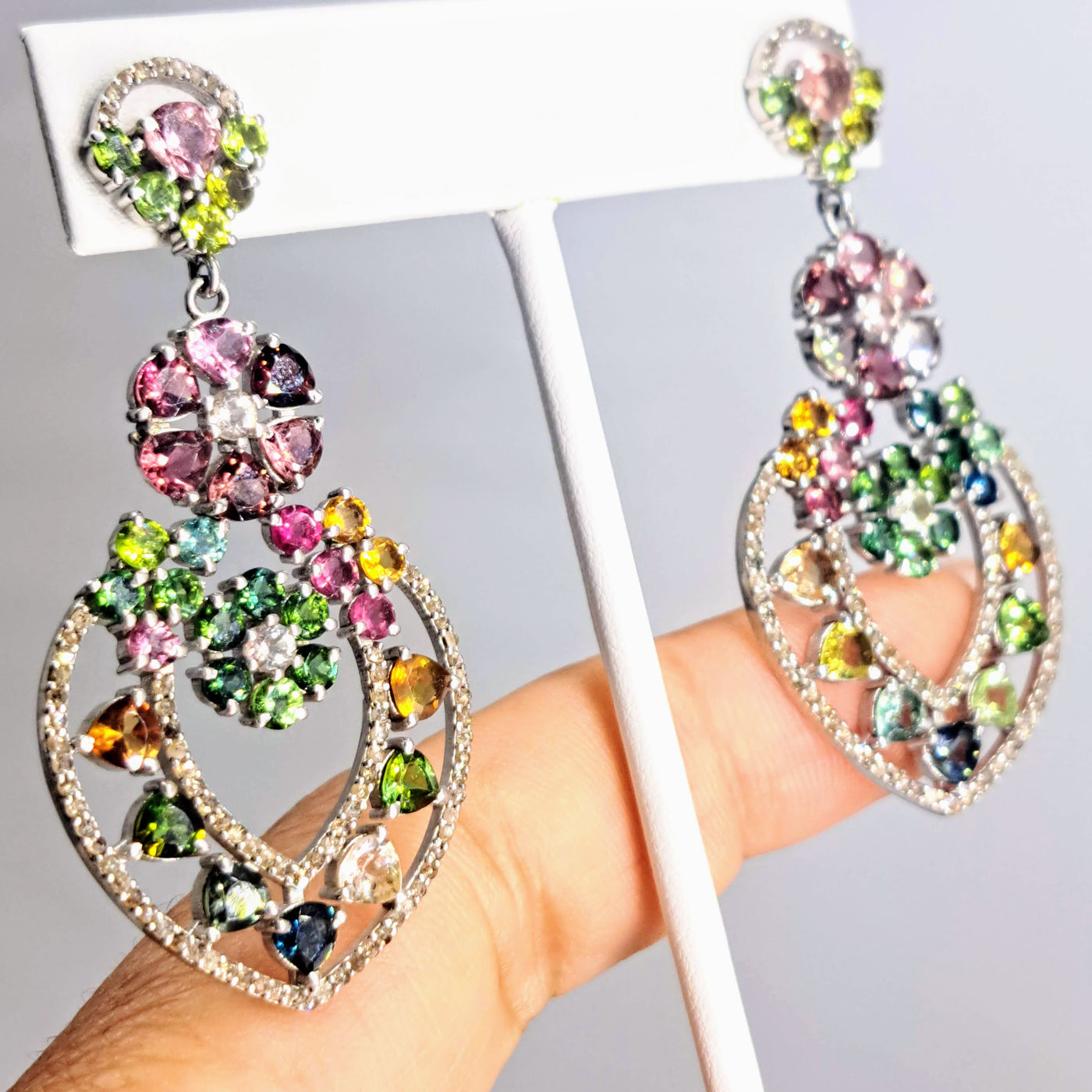 "Like A Rainbow" 2.25" Earrings - Tourmaline, Diamonds, Anti-tarnish Sterling