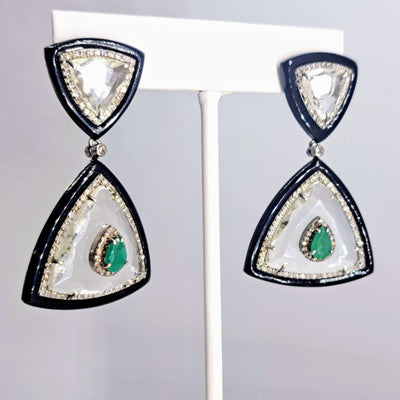 "The Sophisticate" 2" Earrings - Diamonds, Emerald, Quartz, Black Onyx, Sterling, 18K Gold Posts