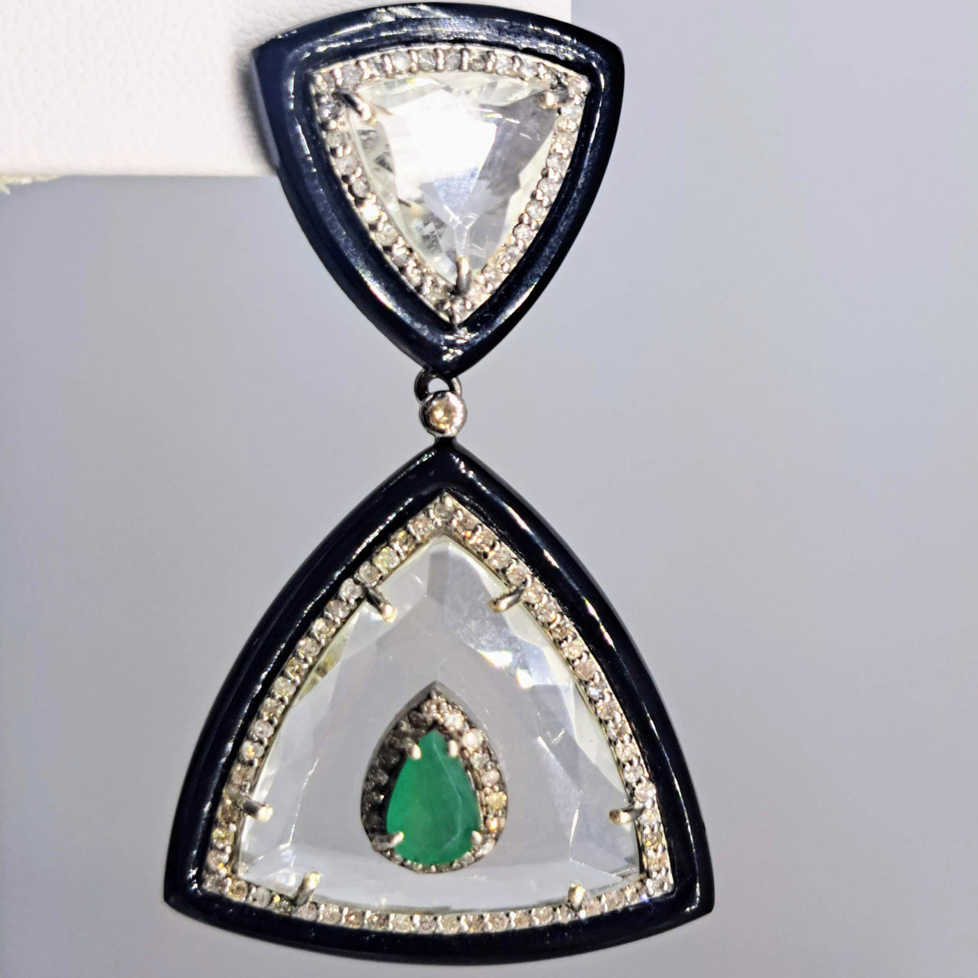 "The Sophisticate" 2" Earrings - Diamonds, Emerald, Quartz, Black Onyx, Sterling, 18K Gold Posts