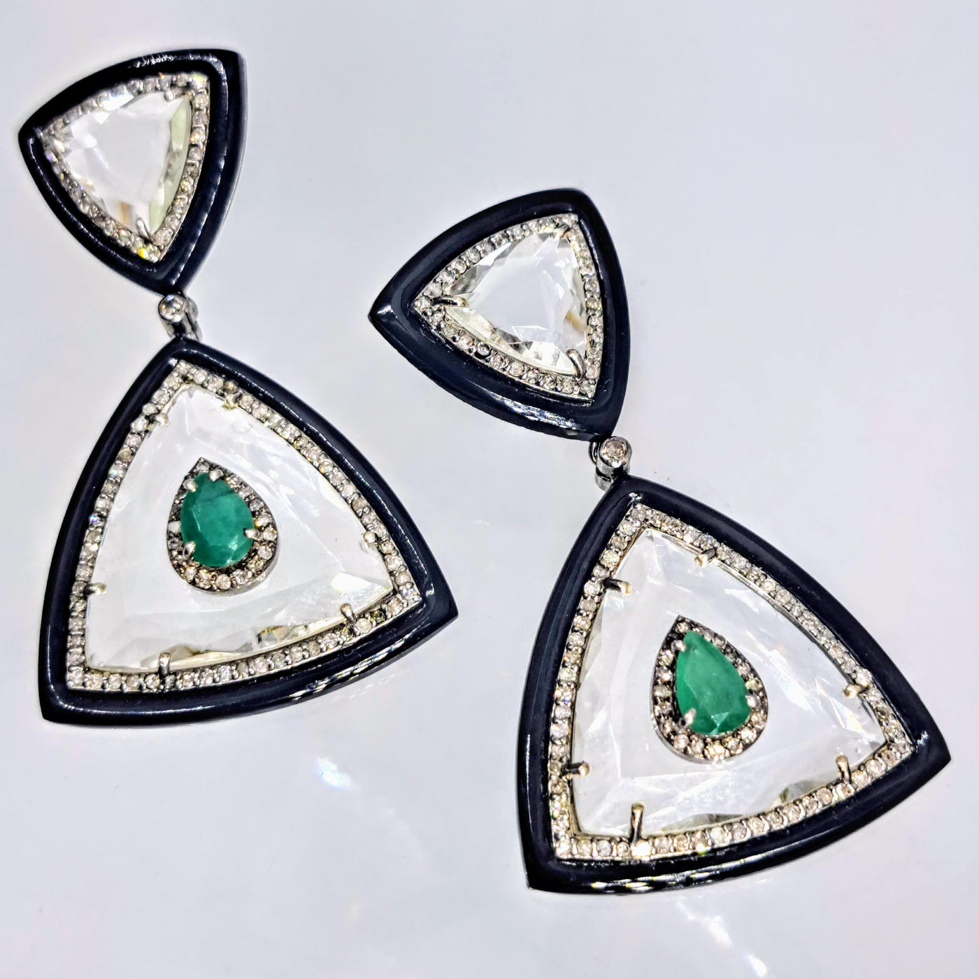 "The Sophisticate" 2" Earrings - Diamonds, Emerald, Quartz, Black Onyx, Sterling, 18K Gold Posts